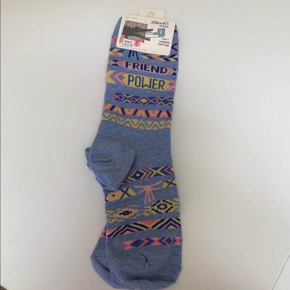 Blue Q 'Friend Power' Blue Crew Socks with Pink, Yellow & Purple Accents